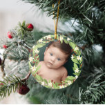 Floral Red Berries Greenery Wreath Photo Ceramic Ornament<br><div class="desc">Beautiful floral Christmas ornament with your photo inside a floral berry wreath of sage green greenery,  white flowers,  and red berries. Add your baby's name and the year on the back.</div>