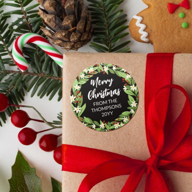 Floral Red Berry Greenery Wreath Merry Christmas Classic Round Sticker (Creator Uploaded)