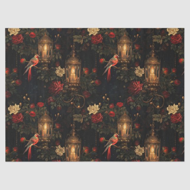 Floral Red Birds and Lanterns Decoupage Tissue Paper (Front)