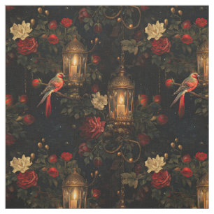 Floral Red Birds and Lanterns on Black Fabric