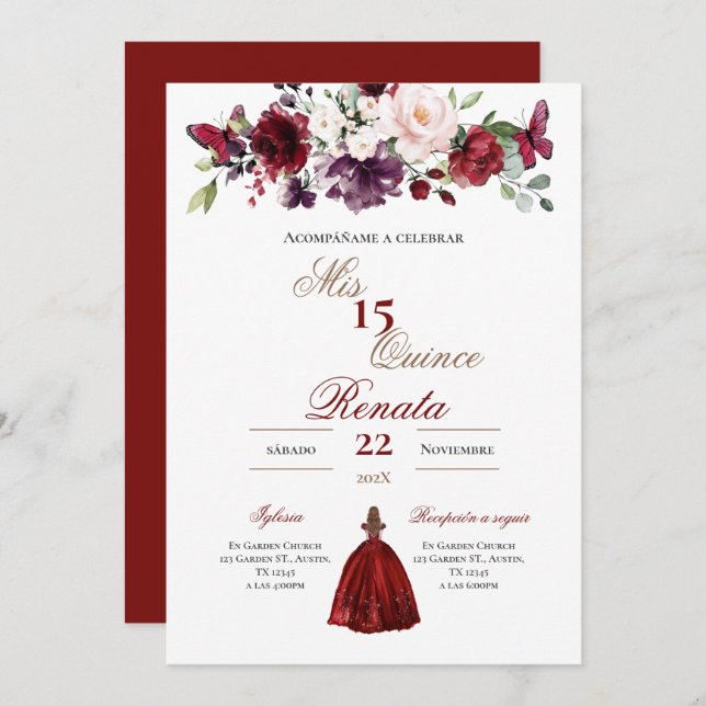 Floral Red Burgundy Quinceañera Invitation Spanish (Front/Back)