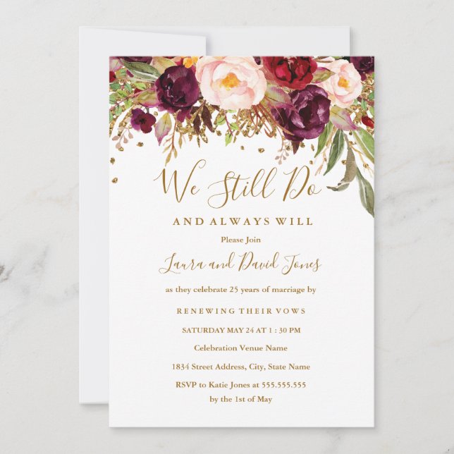 Floral Red Burgundy Vow Renewal Invitation (Front)