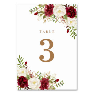 Floral Red Burgundy White Elegant Greenery Modern Table Number