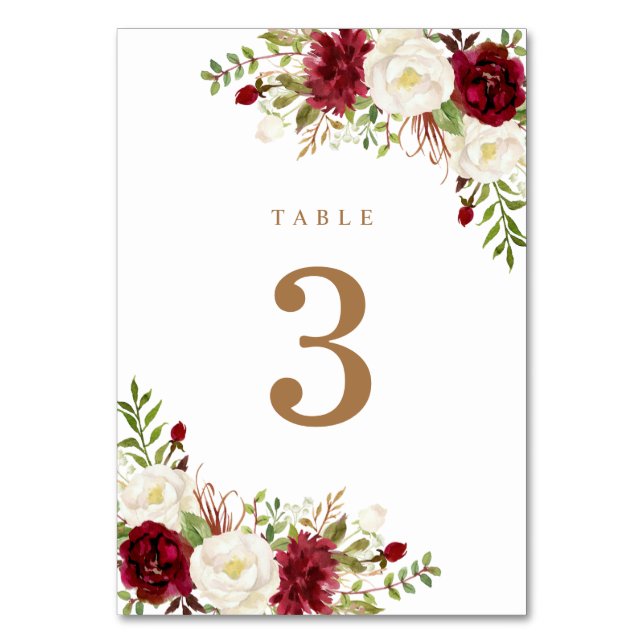 Floral Red Burgundy White Elegant Greenery Modern Table Number (Front)
