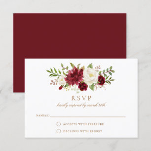 Floral Red Burgundy White Elegant Wedding RSVP Invitation