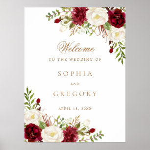 Floral Red Burgundy White Elegant Wedding Sign