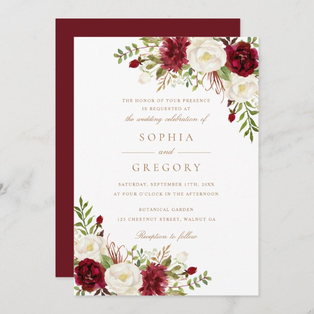 Floral Red Burgundy White Modern Elegant Wedding Invitation (Front/Back)