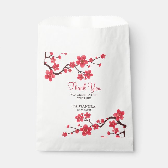 Floral Red Cherry Blossom Sakura Thank You Favour Bag (Front)