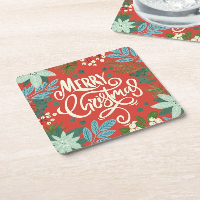 Floral red Christmas  Square Paper Coaster (Angled)