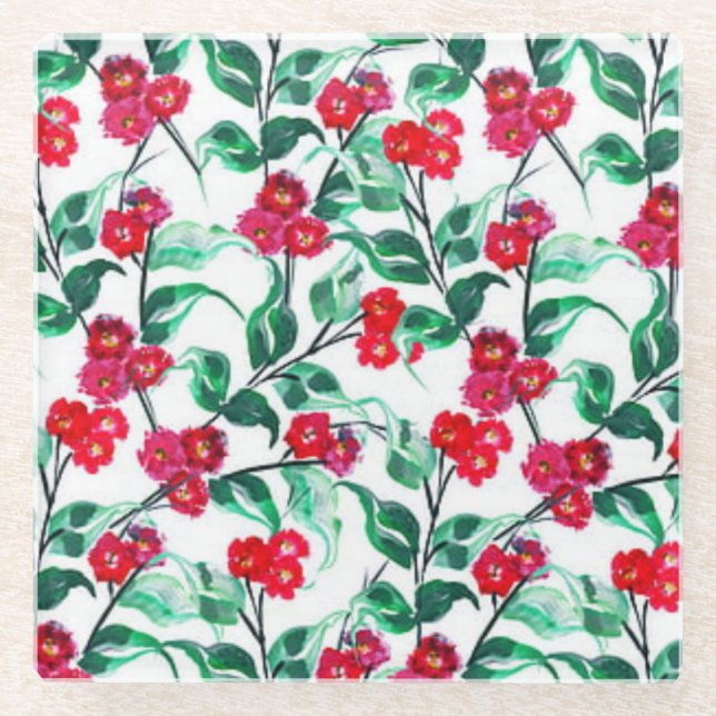 Floral Red Colour Flowers Pattern-56698 Glass Coaster (Front)