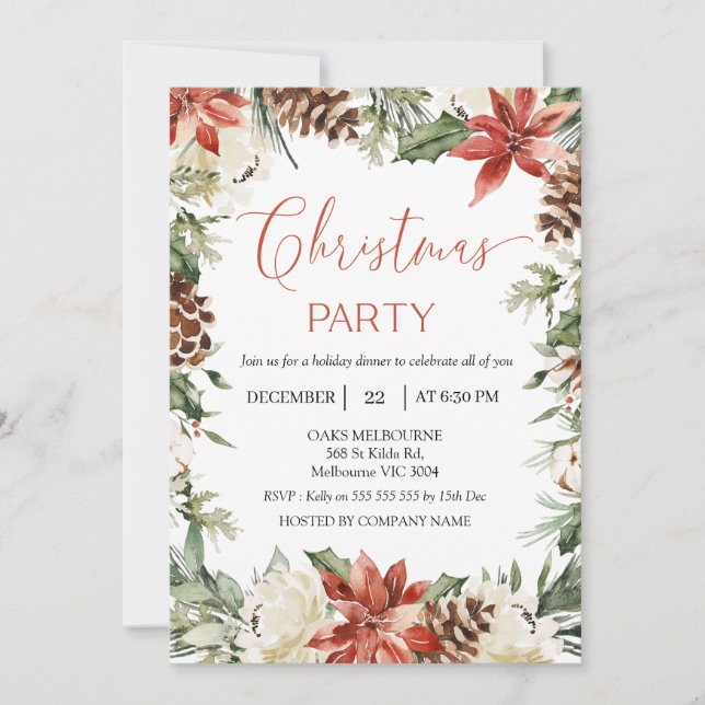 Floral Red Company Christmas Party Invitation (Front)