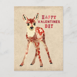 Floral Red Fawn Valentines Day Postcard