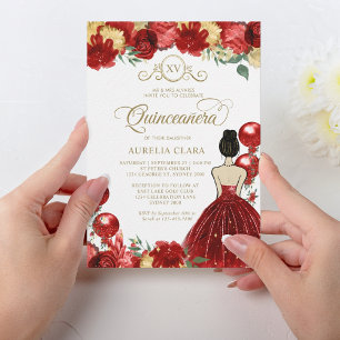 Floral Red Gold Princess XV Quinceañera Birthday Invitation