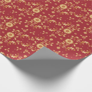 Floral Red Gold Stars Christmas Party Metallic Wrapping Paper