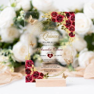 Floral Red Gold Tiara Butterfly Mis Quinceañera Acrylic Invitations