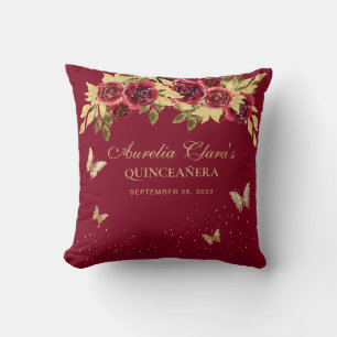 Floral Red Gold Tiara Butterfly Quinceanera Cushion