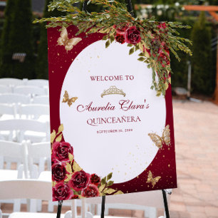 Floral Red Gold Tiara Butterfly Quinceañera Poster
