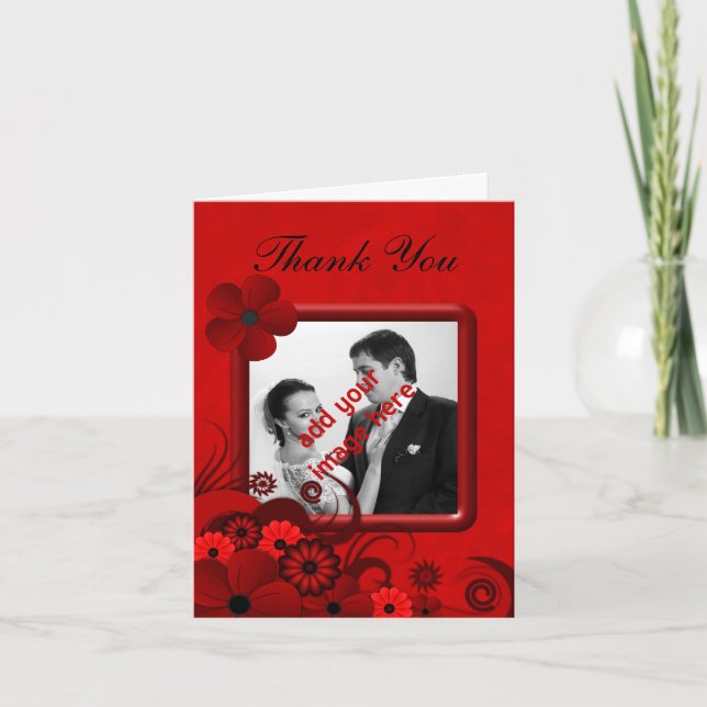 Floral Red Goth Wedding Thank You Photo Note Cards (Front)