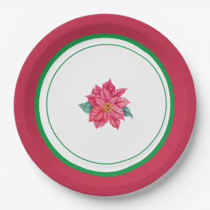 Floral Red & Green Christmas Party Paper Plate