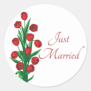 Floral Red Just Married Tulips Wedding Flowers Classic Round Sticker