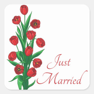 Floral Red Just Married Tulips Wedding Flowers Square Sticker