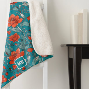 Floral, red orange, poppies teal setting monogram sherpa blanket
