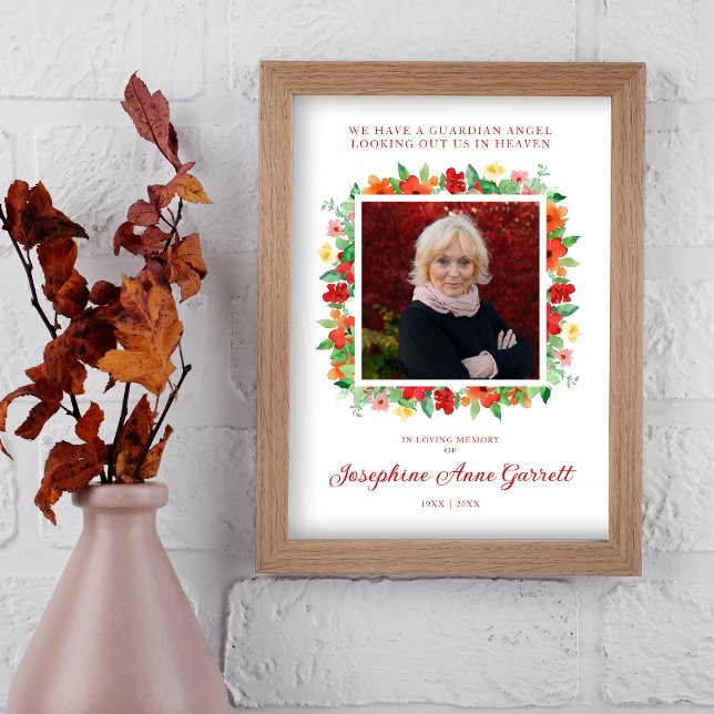 Floral Red & Orange Shades Poster Photo Memorial (Photo Remembrance Wedding Dear Ones Red and Orange Shades Floral Wreath Poster for Memorial.)