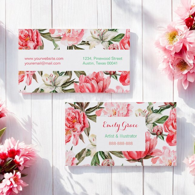 Floral Red Pink Flowers Pattern Business Card (Creator Uploaded)