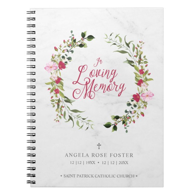 Floral Red & Pink Garland Funeral Condolences Notebook (Front)