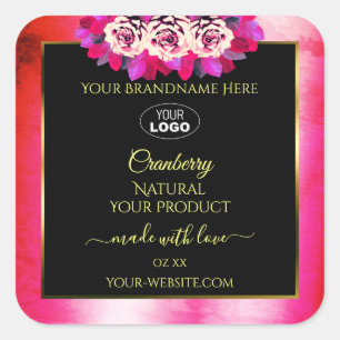 Floral Red Pink Marble Black Product Labels Logo