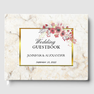 Floral red pink watercolor white marble Wedding Guest Book