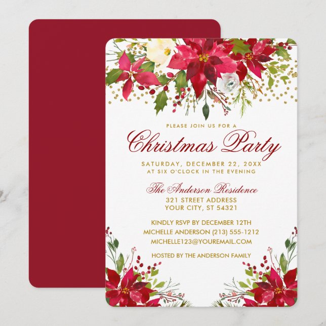 Floral Red Poinsettia Gold Glitter Christmas Party Invitation (Front/Back)