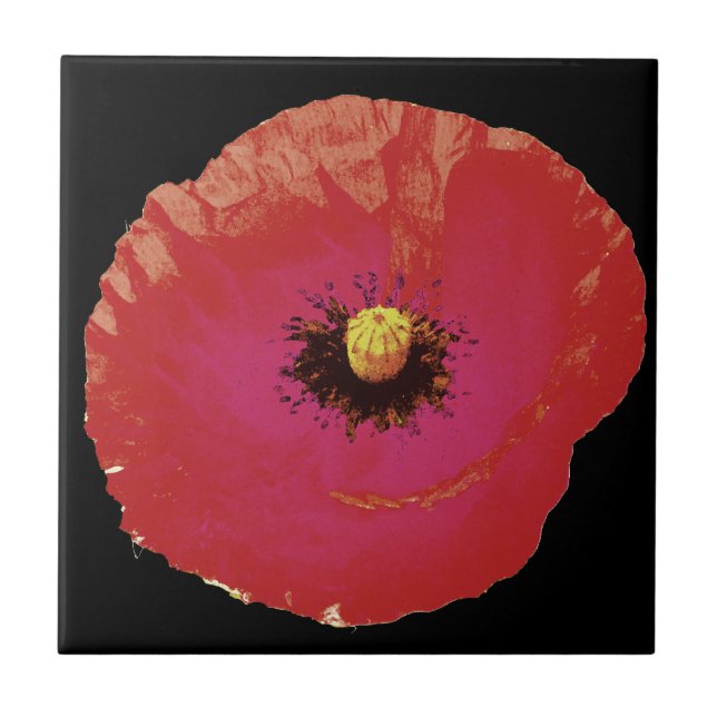 Floral Red Poppy Flower Black Colourful Modern Ceramic Tile (Front)