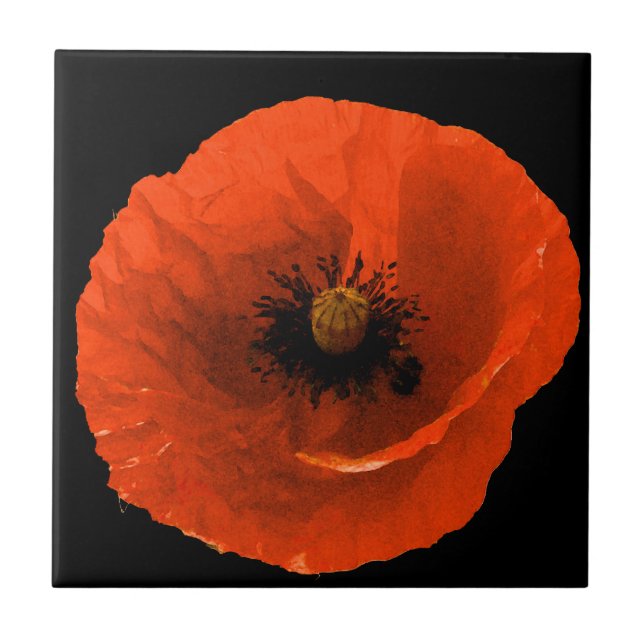 Floral Red Poppy Flower Black Custom Colourful Gif Ceramic Tile (Front)