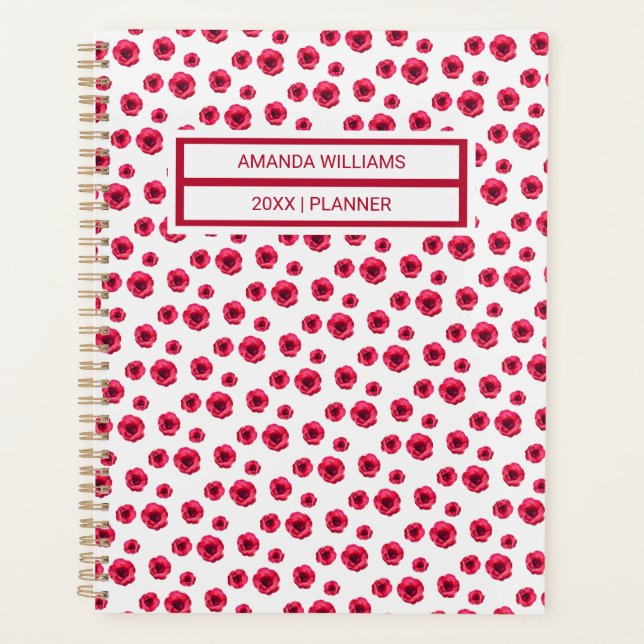 Floral Red Rose Flower Pattern Personalised Planner (Front)