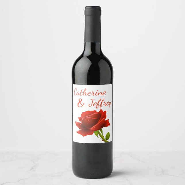 Floral Red Rose Flower Personalised Wedding Party Wine Label (Front)
