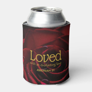 Floral Red Rose LOVED Monogram Can Cooler