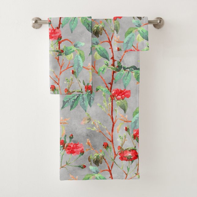 Floral Red Rose Watercolor Gray Bath Towel Set (Insitu)