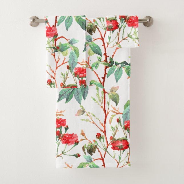 Floral Red Rose Watercolor White Bath Towel Set (Insitu)