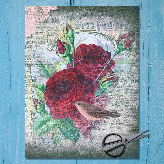 Floral Red Roses Finch Bird Ephemera Decoupage Tissue Paper (Creator Uploaded)