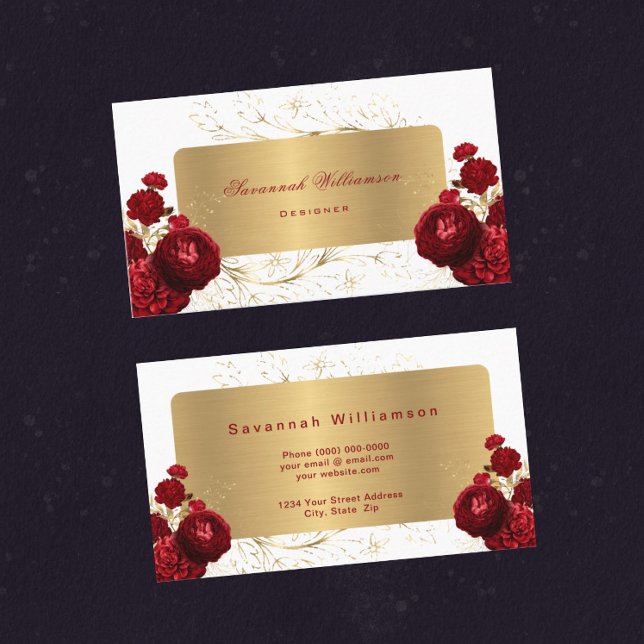 Floral Red Roses Gold Customisable Business Card (Creator Uploaded)