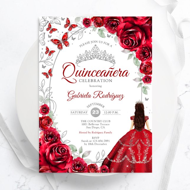 Floral Red Silver Quinceanera Invitation (Creator Uploaded)