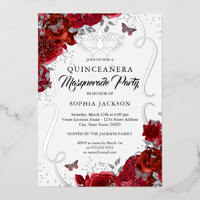 Floral Red Silver Scroll Masquerade Quinceanera (Front)