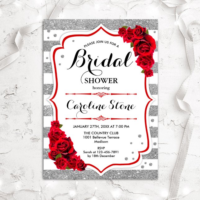 Floral Red Silver Stripes Bridal Shower Invitation (Creator Uploaded)