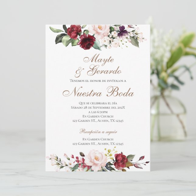 Floral Red Spanish Wedding Invitation (Standing Front)