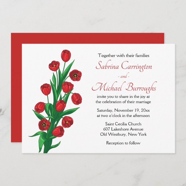 Floral Red Tulips Wedding Flowers Botanical Spring Invitation (Front/Back)