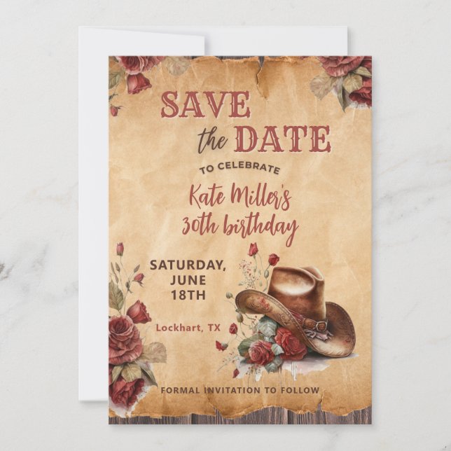 Floral Red Western Cowgirl Hat Birthday Save The Date (Front)