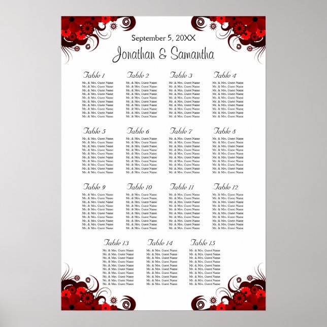 Floral Red & White 15 Wedding Tables Seating Chart (Front)