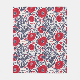 Floral Red White & Blue Botanical Pattern Fleece Blanket