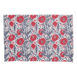 Floral Red White & Blue Botanical Poppies  Pillowcase